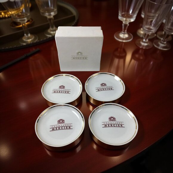 Vintage Champagne Mercier Coaster Set of 4 in Box – White Porcelain with Gold Tr - Picture 1 of 5